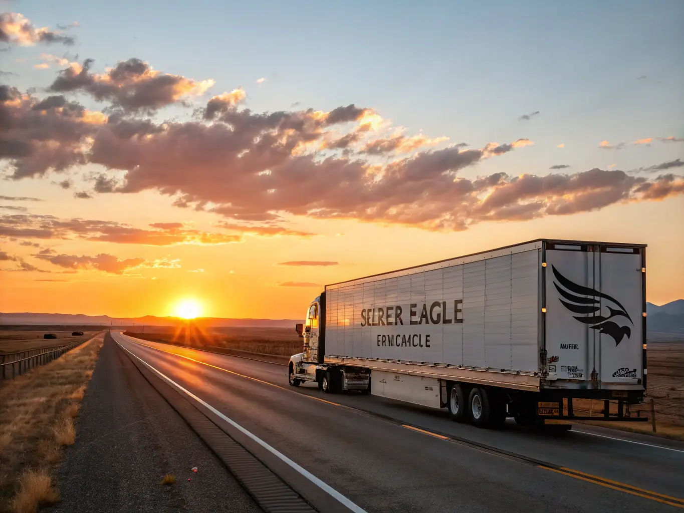A modern semi-truck with the Allure Trucking logo on the side, speeding down a highway at sunset, symbolizing efficient and timely delivery.