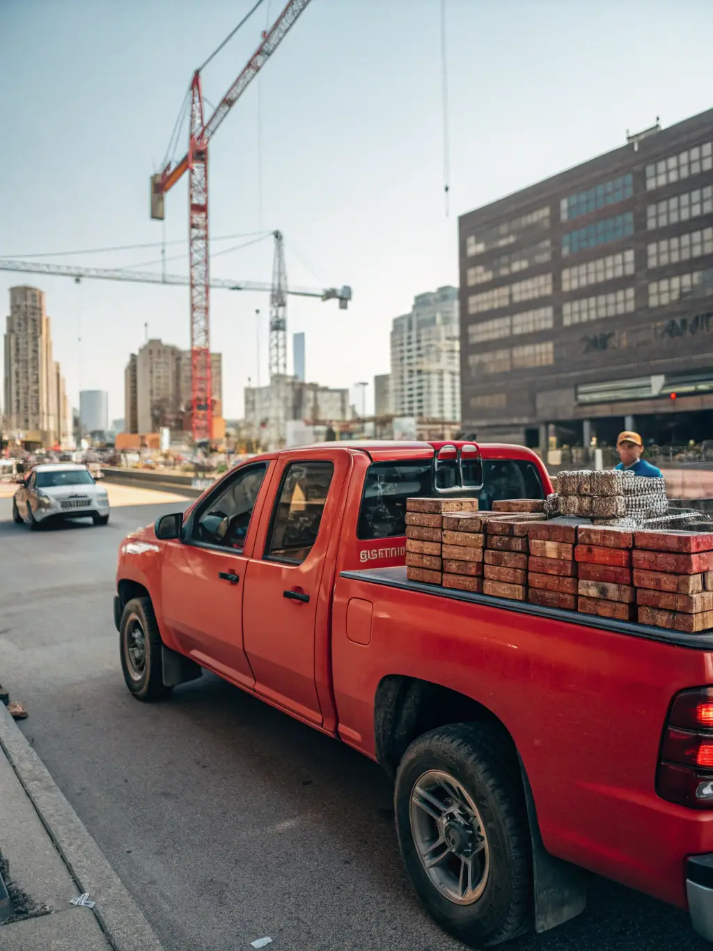 A flatbed truck carrying construction materials, highlighting Allure Trucking's flatbed transportation service.