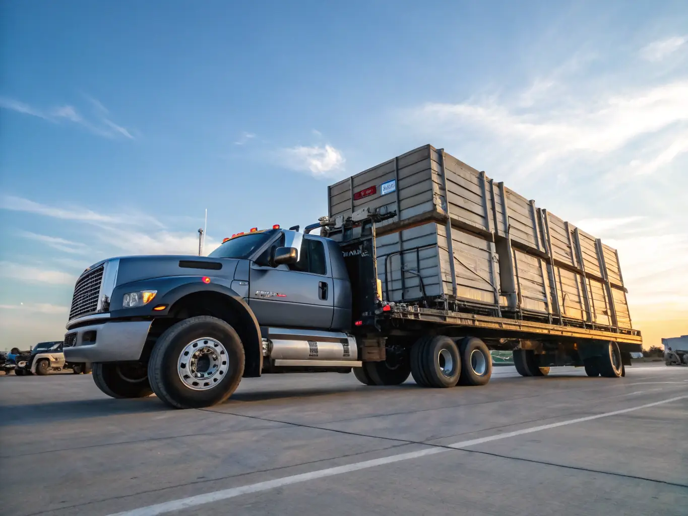 A flatbed truck carrying oversized construction materials, showcasing Allure Trucking's capability to handle diverse and challenging freight.