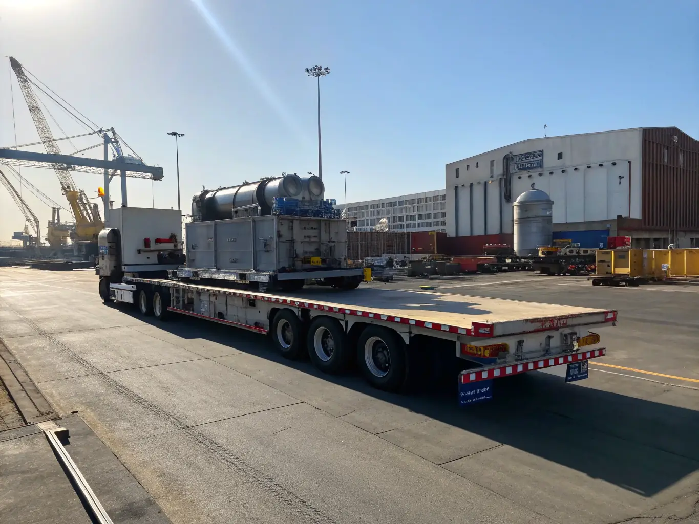 A flatbed trailer carrying oversized construction materials, demonstrating Allure Trucking's capabilities in handling heavy and specialized loads.